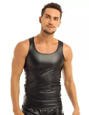 UK Men's Faux Leather T-Shirt Sexy Vest Tank Top Wetlook Undershirt Clubwear • £13.25