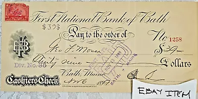 1899 FIRST NATIONAL BANK OF BATH MAINE CHECK REVENUE STAMP  George F. Moser • $34.30