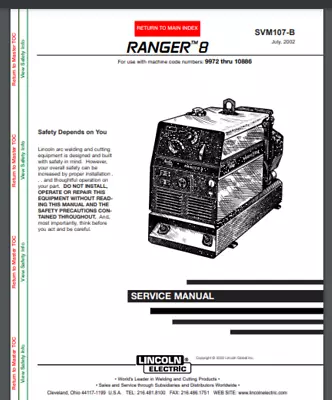 Lincoln RANGER 8 Welder Service Manual 9972 Thru 10886116 Pages 2002 SVM107-B • $29.95