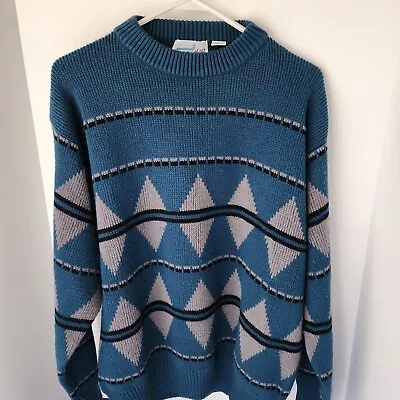 Snowdrift Vintage Sweater XL 80s 90s Winter Geometric Blue Gray Ski Sweater Xmas • $22.50