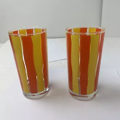 Vintage MCM  Retro Striped Juice Glasses Set Of 2 White Yellow Orange • $9.99