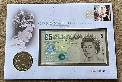 1953-2003 Queen Elizabeth 2 Coronation Anniversary Cover  £5 Coin/£5 Note 000546 • £37.95