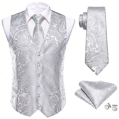 Silver Grey White Mens Waistcoats 4PCS Silk Vest Tie And Pocket Square Cufflinks • $47.98