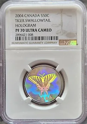 (TOP POP 5/0) 2004 Canada Silver 50C Tiger Swallowtail Butterfly Hologram NGC 70 • $89