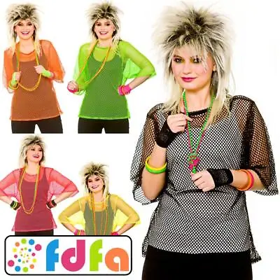 Wicked 1980s 80's Mesh Top Neon Colours Ladies Fancy Dress Costume • £8.39