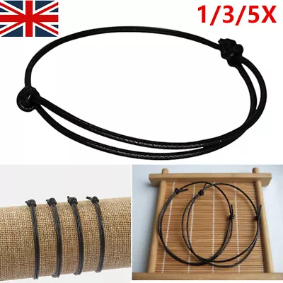 5Pcs Men Women BLACK REAL Leather Cord Surf Wrap Wristband Bracelet Anklet Cuff • £2.99