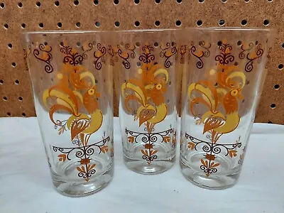 3 Vintage Orange Yellow Rare Libby Rooster Drinking Glasses 5.5 Inch Tall • $6.99