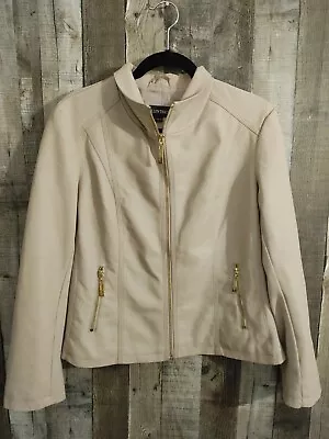 Ellen Tracy Women's Petites L Tan Gold Zippers Faux Leather Jacket Side Inlay • $18.95
