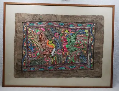 Vintage Amate Tree Bark Painting Mexican Folk Art Birds Flowers 30  X 23.5  • $49.95
