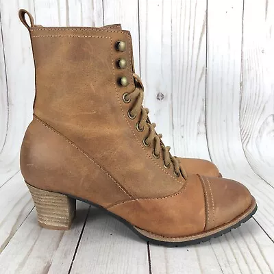 Miss L Fire Ankle Boots Combat Heel Lace Up Cap Toe Brown Leather Womens Sz EU37 • $80