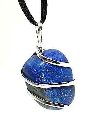 Lapis Lazuli Necklace Wire Wrapped Pendant Handmade Copper Silver Cord Gemstone  • £3.48