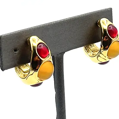 Vintage MONET Earrings Red Gold Glass Cabochon Gold Tone Hoop Clip Earrings • $29.95