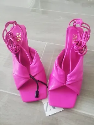ZARA Hot Pink Leather Multi-wrap Ankle Strap Sandals Size 6 • $69.99