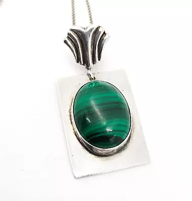 Malachite Artisan Created Banded Green Gemstone Vintage Sterling Silver Necklace • $45