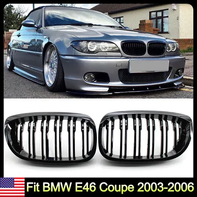 Dual Slat Front Bumper Kidney Grille For BMW E46 325Ci 330Ci 2003-06 Gloss Black • $31.59