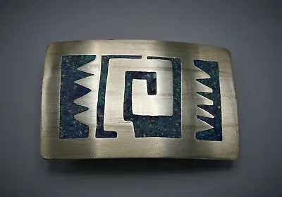 Vintage Large Sterling Steel Mexican Turquoise Chips Inlay Men's Belt Buckle Tax • $235