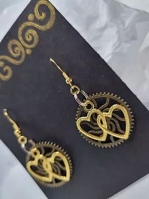 Gold BronzeTone Steampunk Gear Heart Earrings 925 Stamped Sterling Silver Hooks • $9