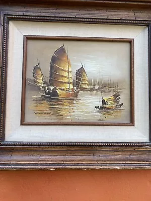 Vintage 70s Drip Oil Painting Nautical Galleon Ships Mid Century Wall Art Modern • $74.99