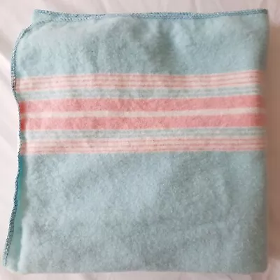 Vintage Blue Baby Blanket With Pink And White Stripes 31  X 38  Soft Cuddly • $17.95