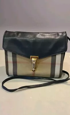 Burberry Crossbody Bag - Black Leather Trimming With Haymarket Canvas Print -  • $300