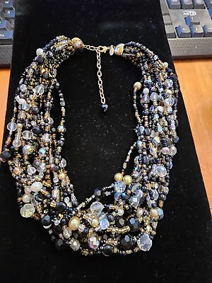 Joan Rivers Multi Strand Torsade Glass Bead Necklace Black Gold Clear Tones Ect • $30