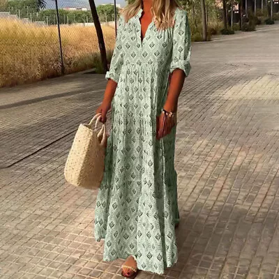 Ladies Long Dress Sleeve Maxi Dresses Women Casual V Neck Party Sexy Ruched • $35.99