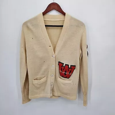 Vintage Varsity Letterman Cardigan Wool Size Small Beige WV Dramatics Patch • $25