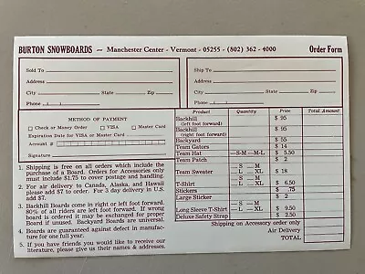 OG 1980's Burton Snowboards Order Form For Backyard & Backhill • $0.99