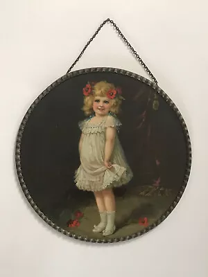 Antique 9.5  Lithograph Chimney Flue Cover Young Girl Red Poppies Flowers German • $74.99