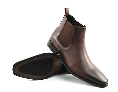 Genuine Leather Brown Mens Dress Chelsea Boots Almond Toe Leather Lining AZAR • $69