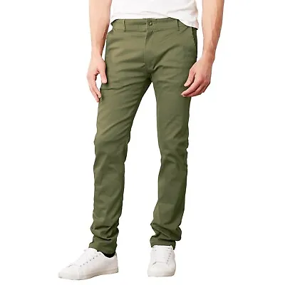 Mens Chino Pants Cotton Stretch Slim Fit Belt Zip Fly Trouser Casual Work School • $18.97