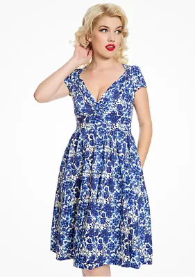 Lindy Bop Blue & White Floral Print Cotton Summer Party Dress BNWT Size 18 • £25.49