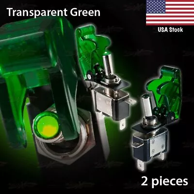 GREEN LED Toggle Switch 12V 20A SPST ON/OFF TRANSPARENT Missile Flick Cover X2 • $14.95