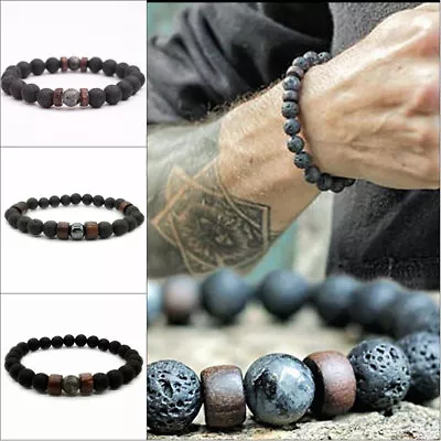 Natural Lava Rock Elastic Stone Beads Yoga Bangle Men Women Bracelets 18.5cm • $1.63