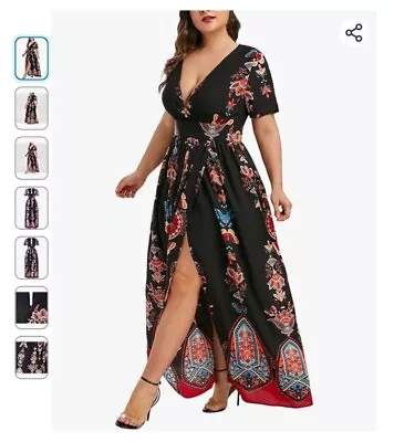 Style Your Curves Plunging V- High Slit Short Sleeves Bohemian Maxi Dress Large • $34