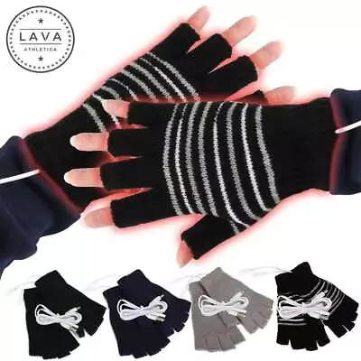 USB Rechargeable Heated Gloves Half Finger Hand Warmer Mitten Winter Gloves LAVA • $8.91