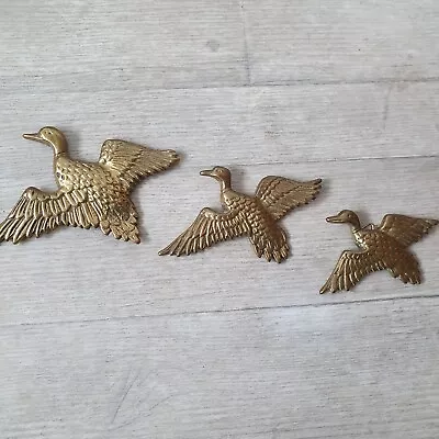 £55 • Buy Set Of 3 Original Vintage Graduated Wall Hanging Brass Flying Ducks Geese Birds