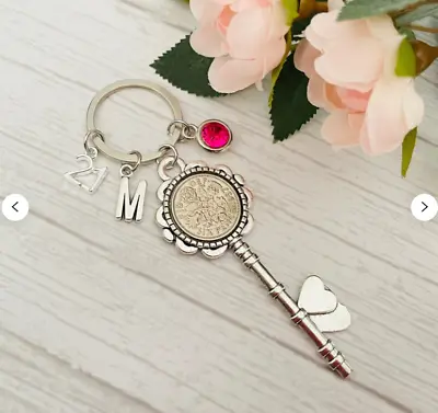 Lucky Sixpence Happy Birthday Gift KEY Keyring AgeBirthstone & Initial Charm • £4.99