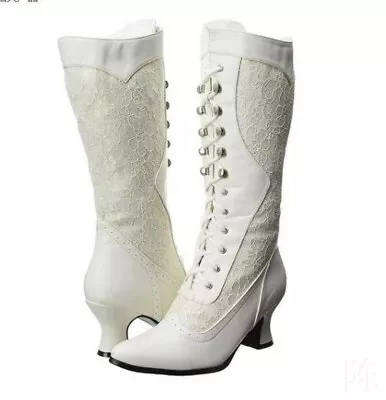 UK Women Steampunk Mid Calf Boots Pointed Toe Lace Wedding Boots Mid Heels Shoes • £26.21