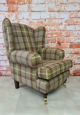 £449 • Buy Queen Anne Wing Back Arm Chair With T-Cushion - Balmoral Heather Tartan Fabric