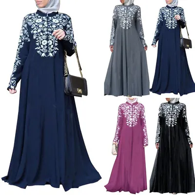 UK Womens PRINT Muslim Dress Abaya Prayer Kaftan Jilbab Islamic Arab Long Sleeve • £20.35