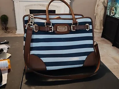 Michael Kors Hamilton Striped Canvas Large Tote Satchel Blue And White MK • $80