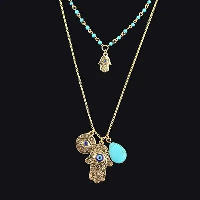 $14.99 • Buy ZARD Evil Eye Hamsa Hand Turquoise Gem Charm Pendant Layered Necklace