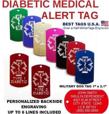 Diabetic Medical Alert Care Bag Tag Necklace Real Deep Diamond Engraving U.s.a. • $11.95