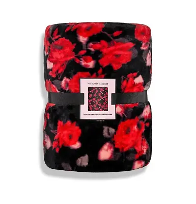 $39.99 • Buy ❤ NEW Victoria's Secret Black Red Rose Floral Cozy Sherpa Fleece Blanket 50x60 ❤