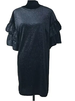Women’s NWT H&M Trend Black Sparkly Party Ruffle Sleeves Dress Size S Holiday • $59.99
