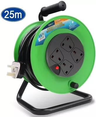 4 Way Heavy Duty Cable Meter 25m Metre Extension Reel Lead Mains Socket 13 Amp • £32.99