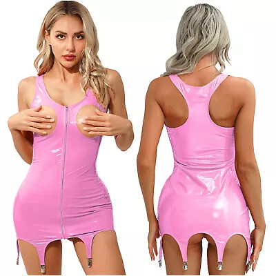 US Womens PVC Leather Sleeveless Bodycon Dress Garter Belts Cupless Mini Dress • $14.13