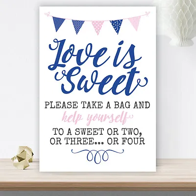 £4.40 • Buy Pink & Blue Bunting Love Is Sweet Candy Buffet Table Cart Sign Wedding (PBB4)