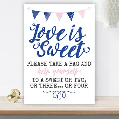 Pink & Blue Bunting Love Is Sweet Candy Buffet Table Cart Sign Wedding (PBB4) • £4.40